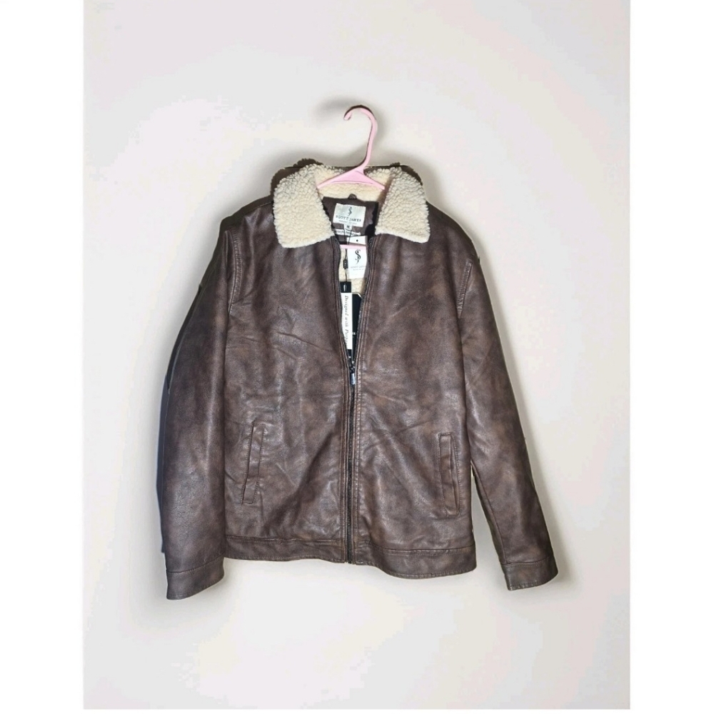 Scott James Men’s Large Brown Faux Leather Jacket Bomber Sherpa Collar NWT